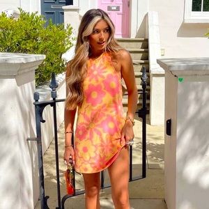 Zara Jacquard Terrycloth Mini Floral Dress - Orange and Pink - Size S